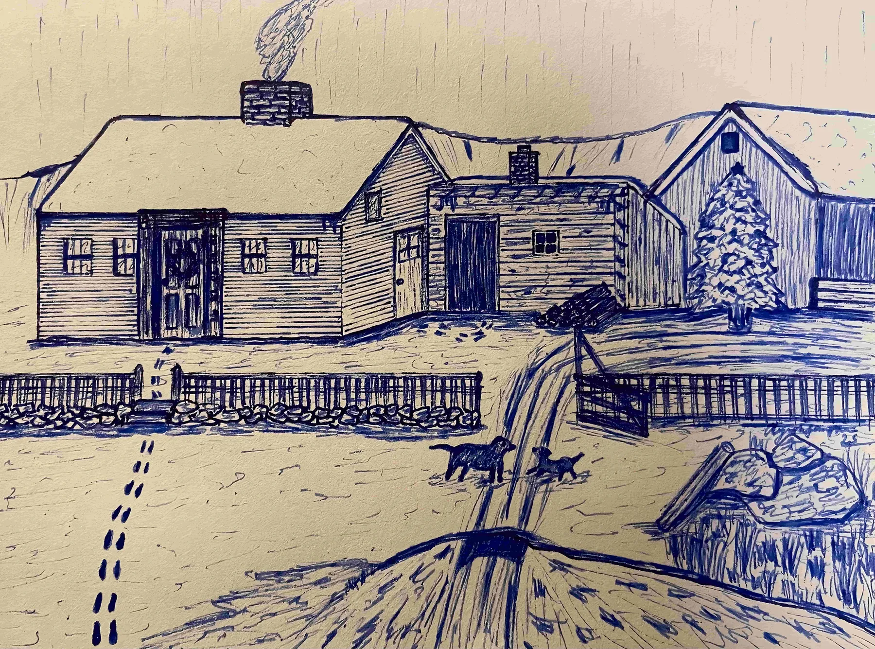 Snow-covered thatched cottage with Christmas trees and a winding path