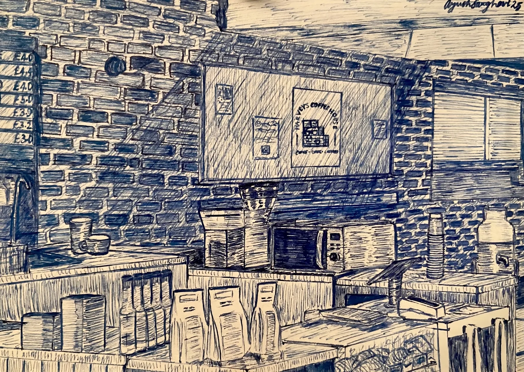 Harvey's Coffee House interior — exposed brick wall and counter