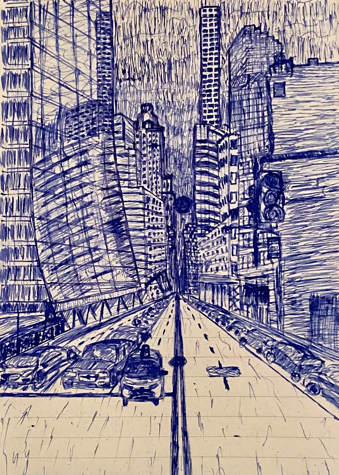 New York street perspective with skyscrapers converging to a vanishing point